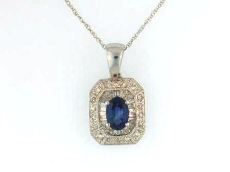 14k White Gold Blue Sapphire Diamond Pendant with chain   41-0003