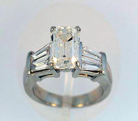 Platinum Emerald Cut Diamond Engagement Ring with 4 Baguettes   A36243