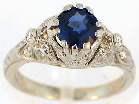 White gold Vintage style Blue Sapphire Diamond Ring              F5171