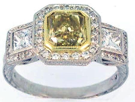 18k Yellow Gold Platinum Hand Tooled Engraved Yellow Diamond Ring      FOT419