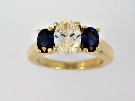 14K Yellow Gold Oval Diamond Ring with 2 Ceylon Blue Sapphires               A37199