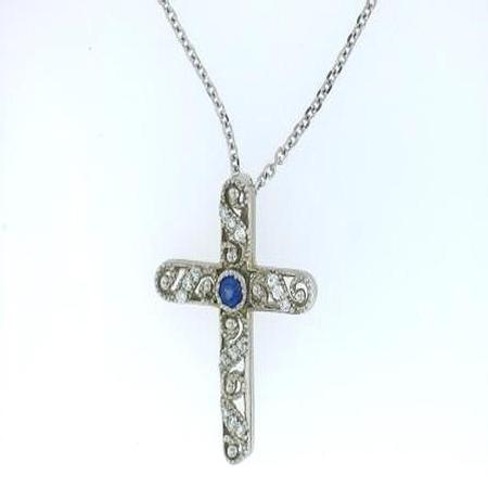 14k White Gold Sapphire Diamond Cross                  F4807