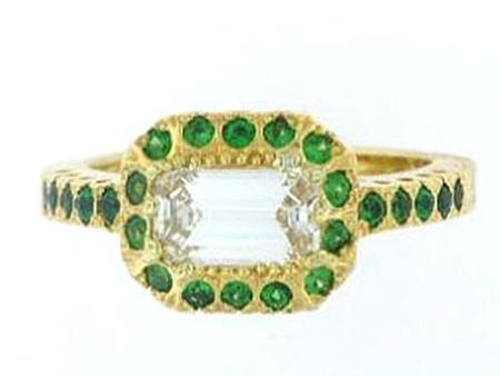18k Yellow Gold Emerald Cut Diamond Ring with 24 Tsavorites     F4901